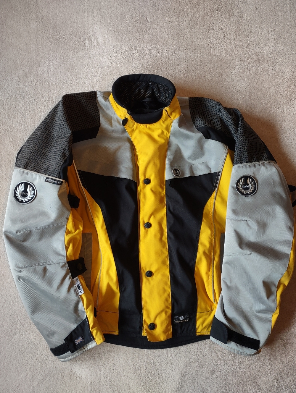 BMG British Motorcycle Gear Jacket Mens XL Yellow Black Gray Reflective Armor